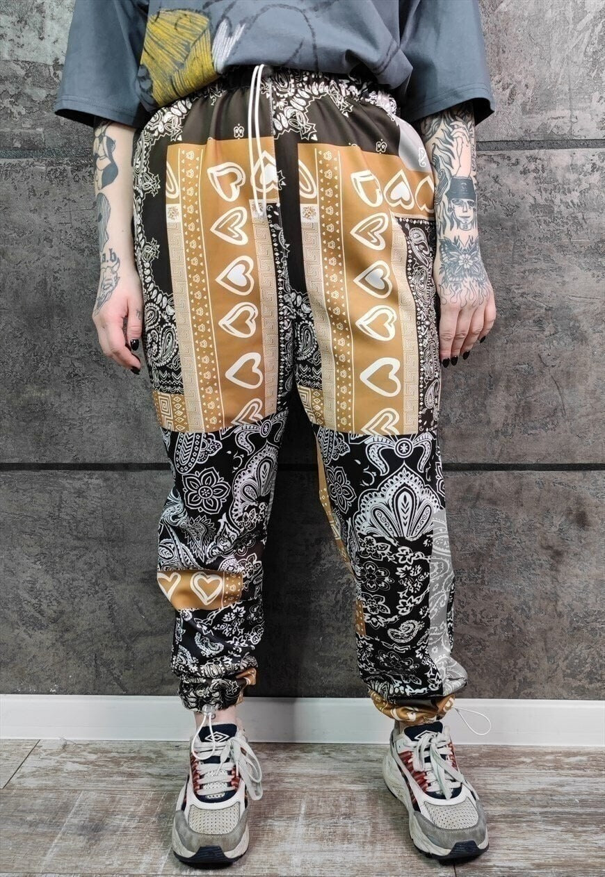 Paisley print joggers handmade bandanna overalls in brown