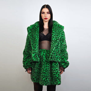 Short leopard trench coat green cropped animal print jacket