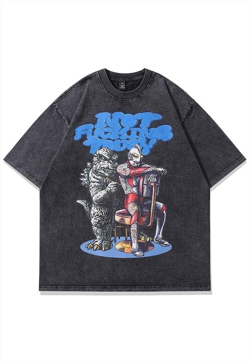 Monster print t-shirt old cartoon tee vintage wash top grey