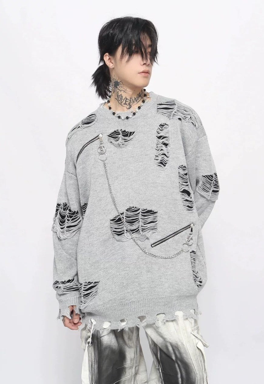 Ripped sweater chained top knit distressed punk jumper grey