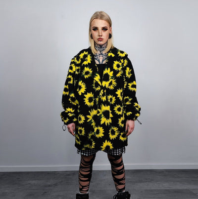 Sunflower fleece coat daisy trench floral pattern overcoat detachable sleeves rave bomber festival party jacket custom peacoat yellow black