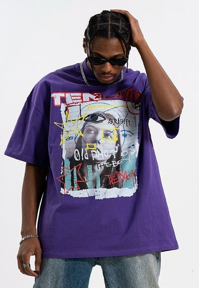 Graffiti print t-shirt grunge tee retro raver top in purple