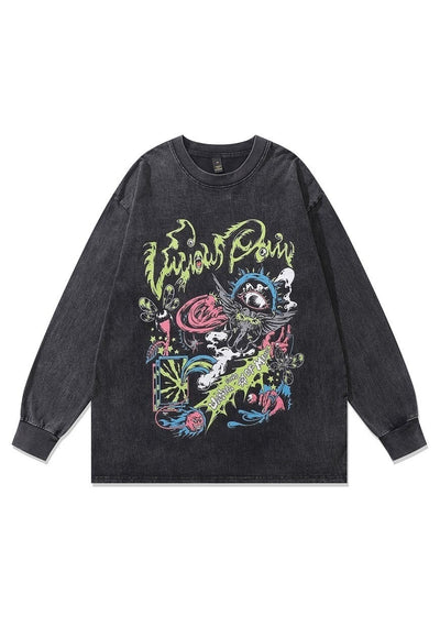 Vintage psychedelic t-shirt long sleeve monster top in grey