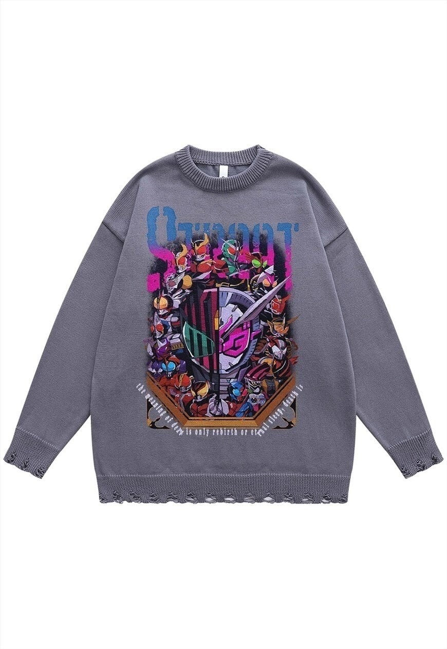Robot sweater knitted anime jumper ripped top in grey