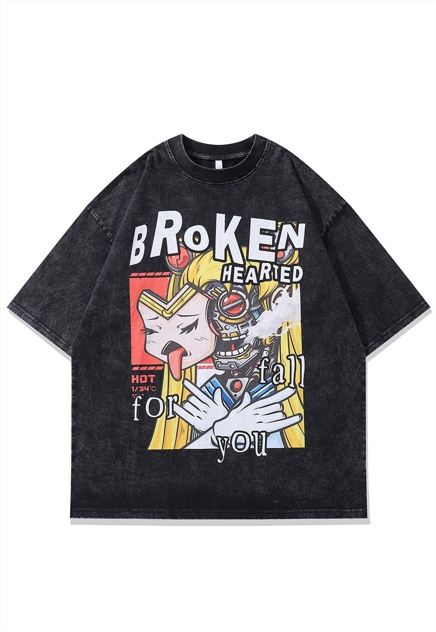 Anime t-shirt retro Japanese top in grey