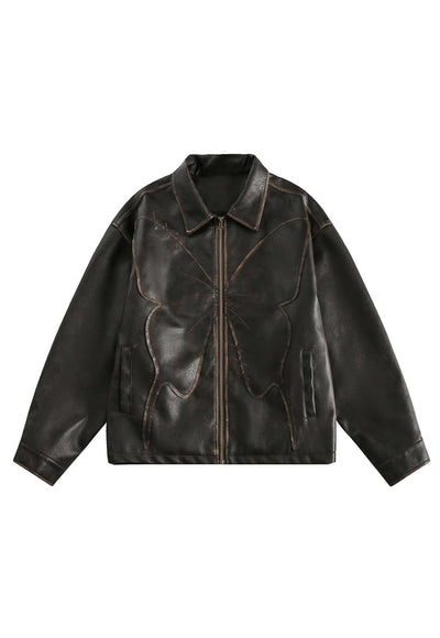 Butterfly patchwork faux leather jacket utility bomber brown