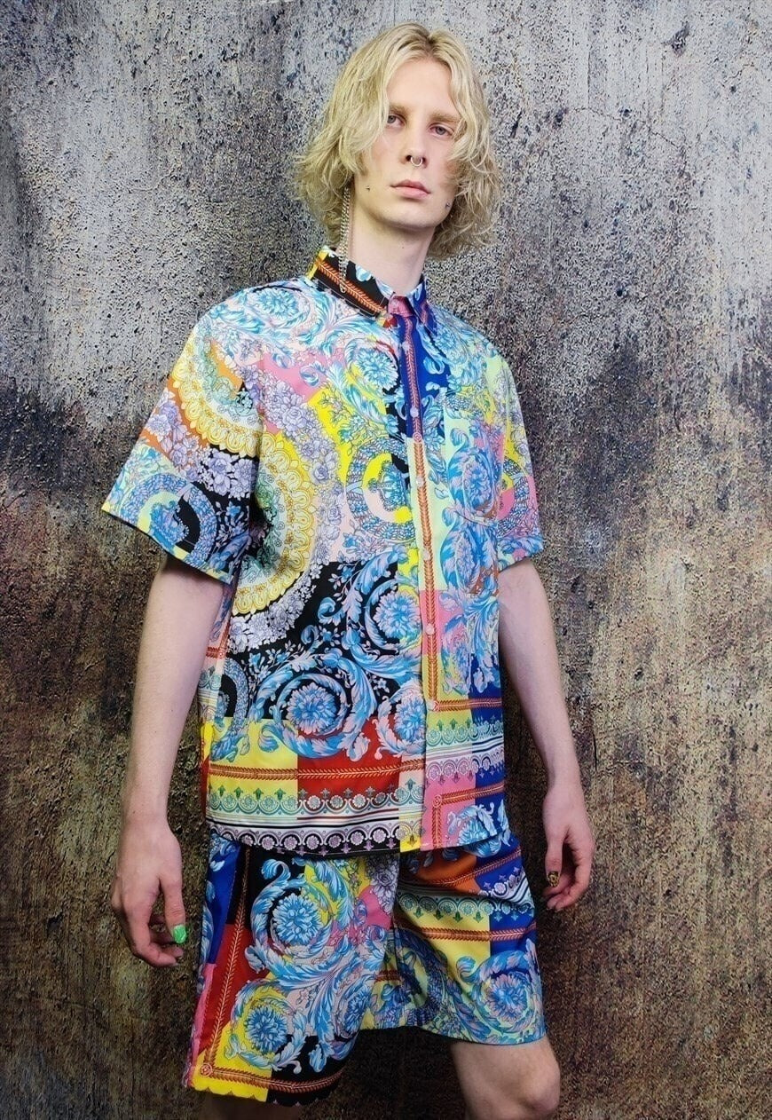 Fluorescent sports set floral pattern shirt & shorts combo