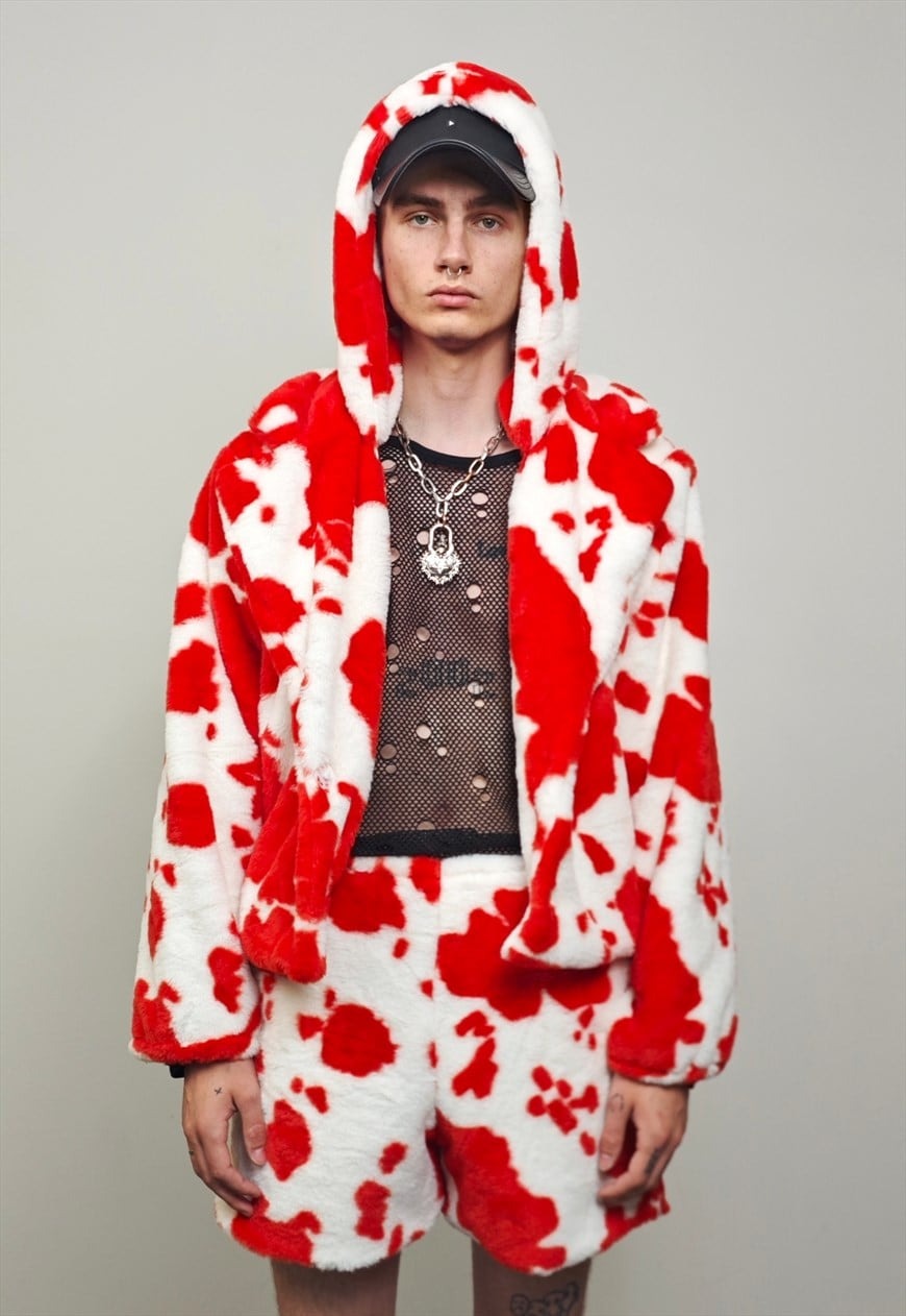 Short cow print coat red cropped animal print trench jacket