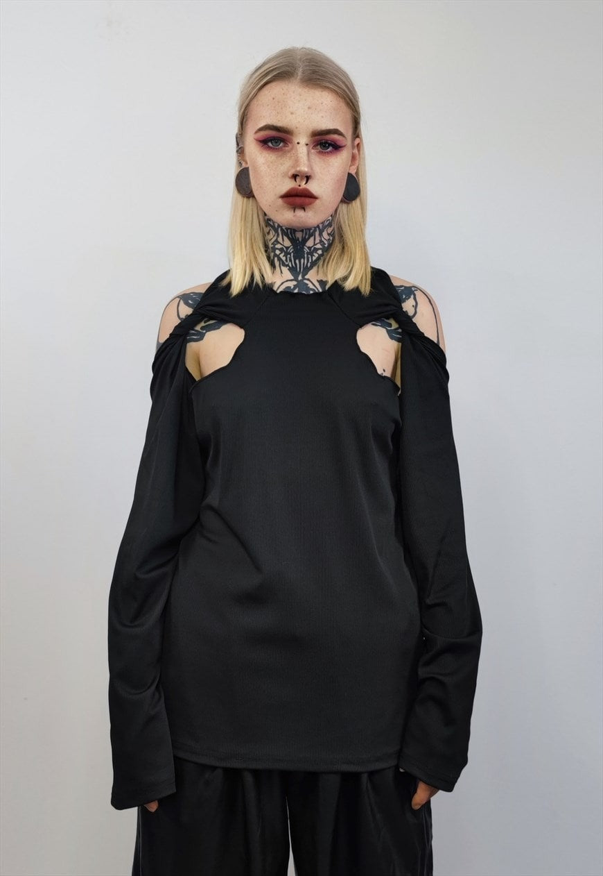 Cut-out Gothic top open shoulder jumper long sleeve tee