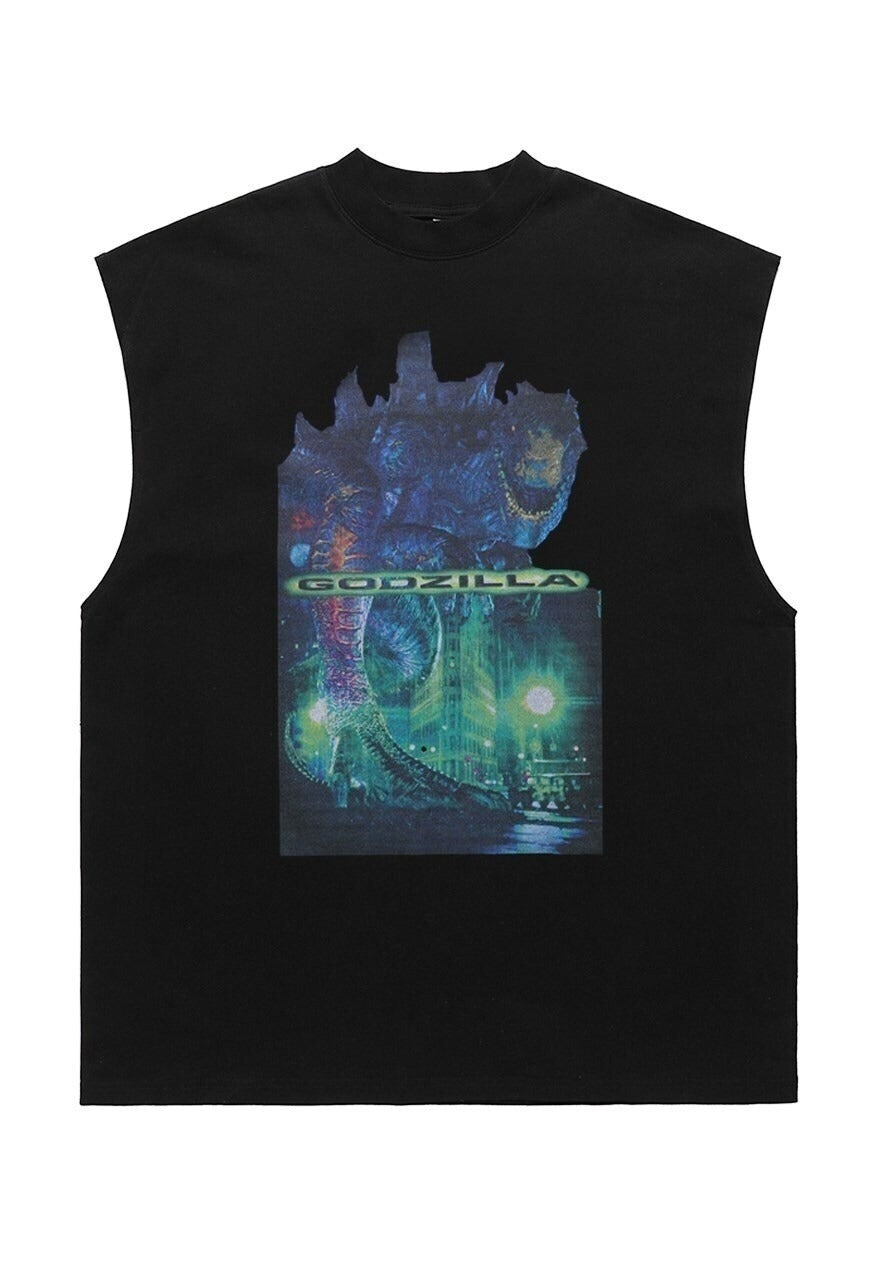 Godzilla print tank top surfer vest retro sleeveless t-shirt