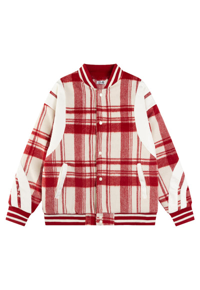 Plaid woolen varsity jacket red check USA college bomber