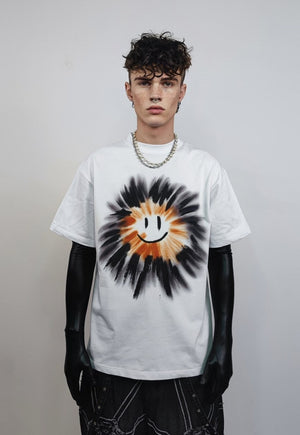 Sun print t-shirt graffiti emoji tee grunge raver top white