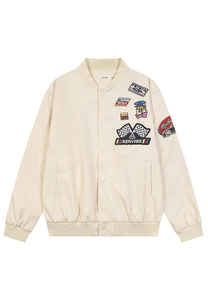 Faux leather racing jacket motorsports PU patchwork bomber