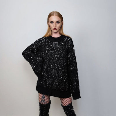 Ripped knitted sweater shredded jumper distressed knitwear top hole punch sweatshirt knit rocker dress in black