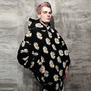 Daisy print fleece jacket handmade sunflower bomber black