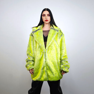 Luminous faux fur coat neon green trench oversize lemon jacket festival overcoat fluorescent peacoat rave bomber psychedelic party fleece