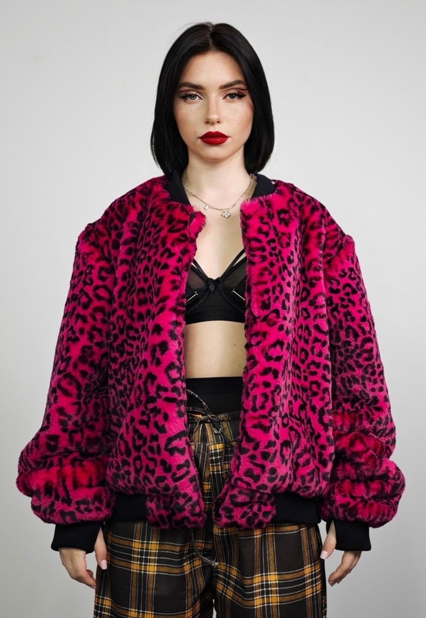 Short leopard jacket pink animal print fluffy college bomber