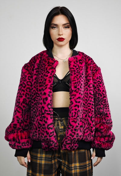 Short leopard jacket pink animal print fluffy college bomber