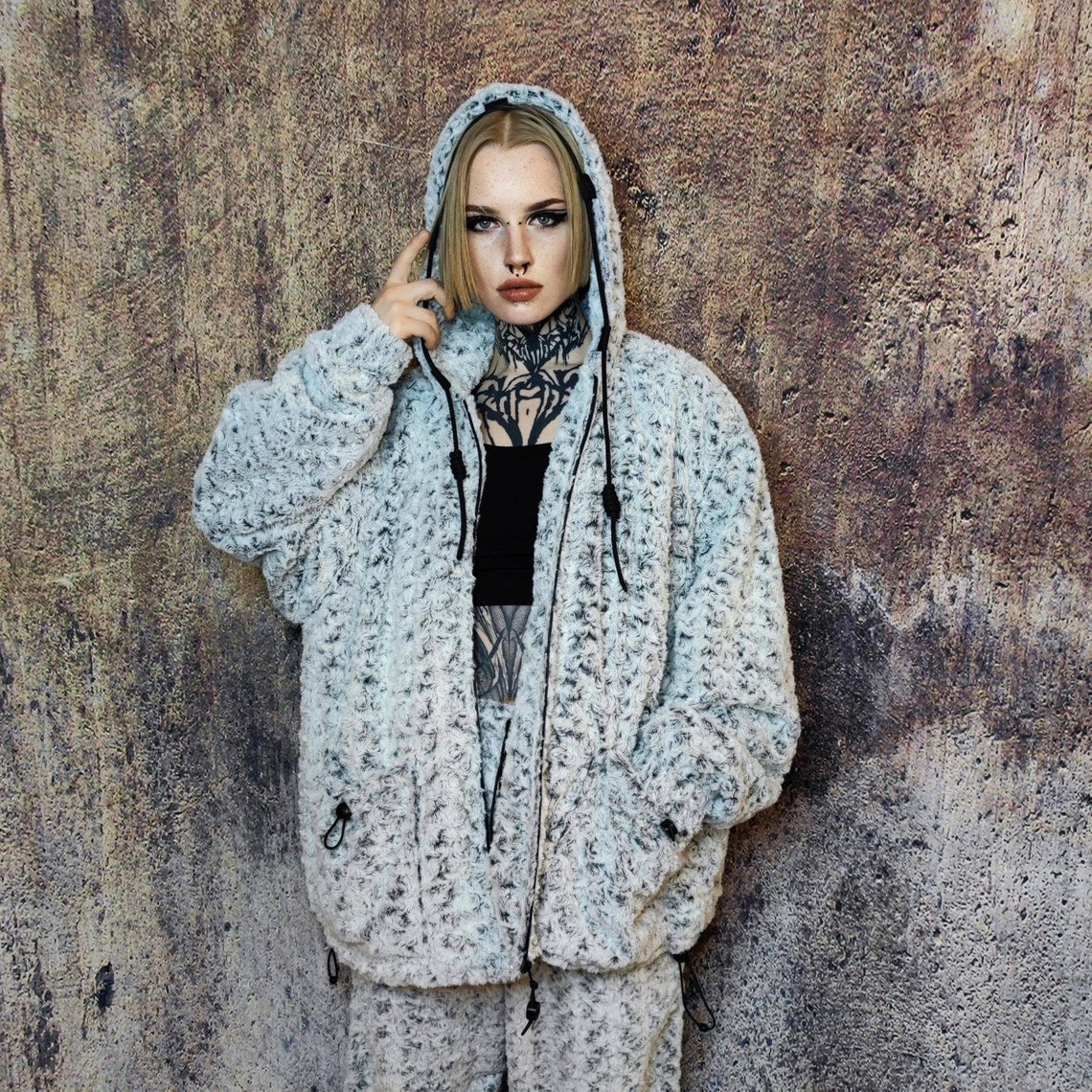 Fluffy fleece jacket hooded geometric bomber luxury grunge coat detachable sleeves handmade rose pattern overcoat fuzzy festival set grey