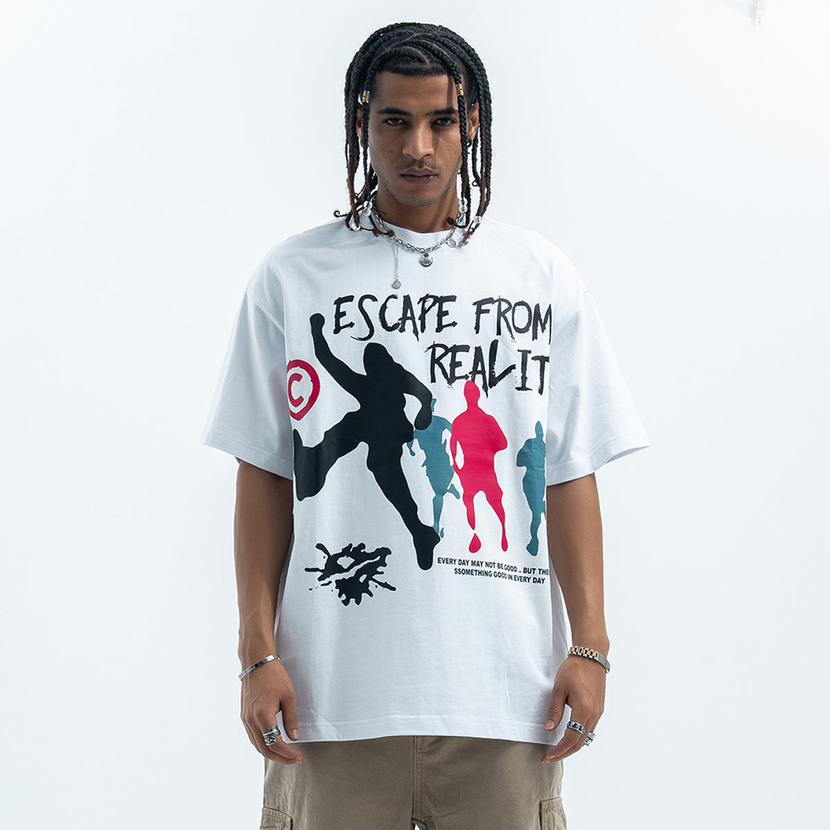 Psychedelic t-shirt graffitit top escape slogan tee raver jumper in black