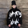 Graffiti fleece jacket faux fur stripe fluffy bomber black