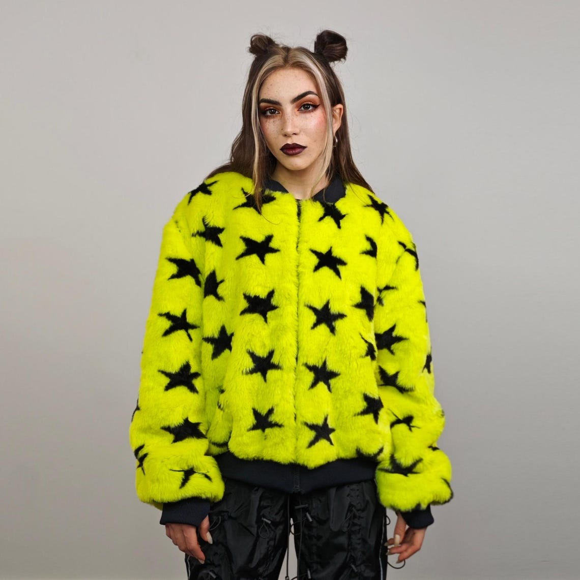 Star print varsity jacket yellow faux fur short coat college fleece bomber geometric jacket detachable sleeves party overcoat festival set