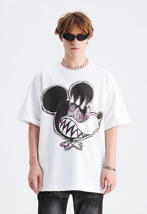 Mouse cartoon t-shirt creepy cartoon tee retro top off white