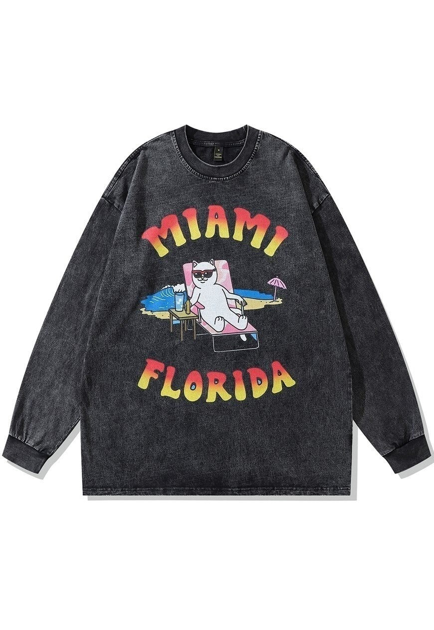 Florida t-shirt pussy Miami long tee retro cat top in grey