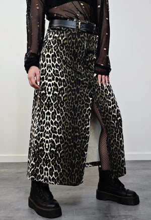 Leopard maxi denim skirt split back animal print bottoms