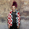 Check fleece hood jacket reversible fluffy chess bomber red