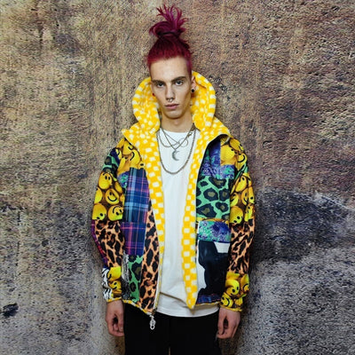 Tartan hood jacket reversible fleece emoji bomber in yellow