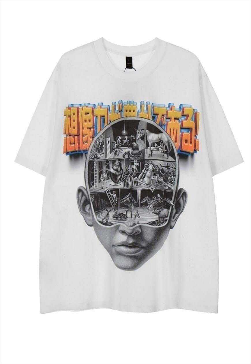 Face print t-shirt Japanese tee graffiti retro top in white