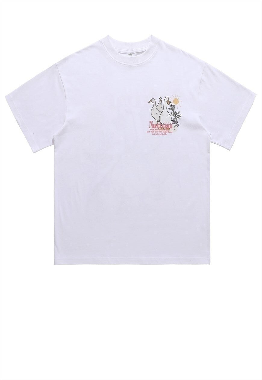 Naturist t-shirt retro hippie tee goose cartoon top in white