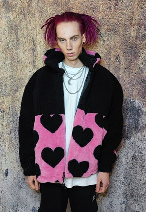 Heart fleece hood jacket handmade fluffy emoji bomber black