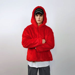 Hooded red faux fur jacket shaggy bomber bright raver puffer fluffy winter fleece festival coat burning man trench fancy dress overcoat