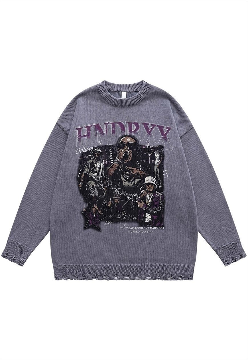 Future sweater knit distressed jumper rapper print top grey