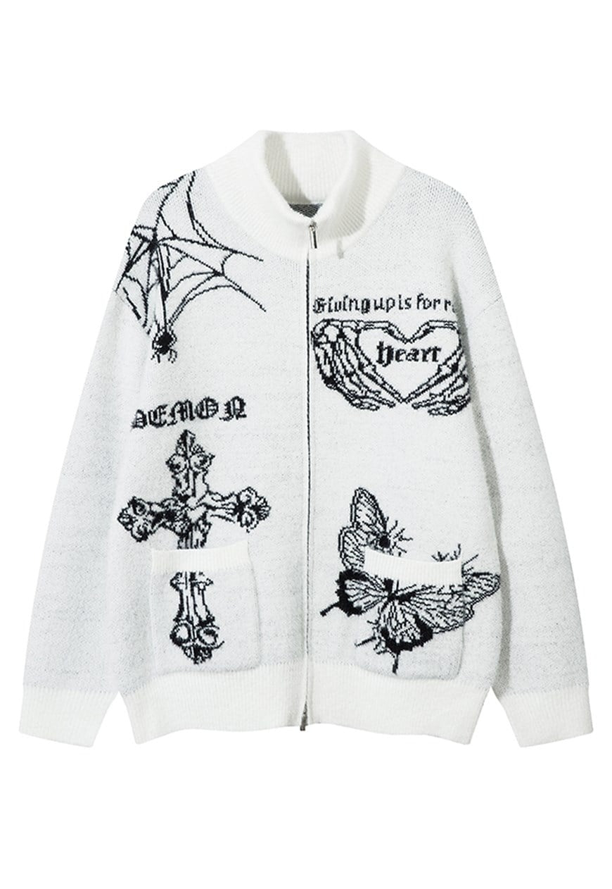 Cross print fluffy sweater gothic fleece punk jumper white