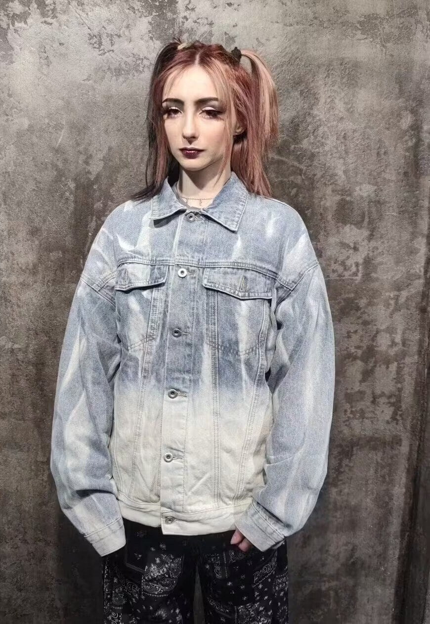 Tie-dye denim jacket gradient distressed jean coat in blue
