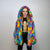 Hooded faux fur psychedelic jacket 70s bomber neon raver coat fluffy tie-dye fleece festival trench burning man going out overcoat blue pink