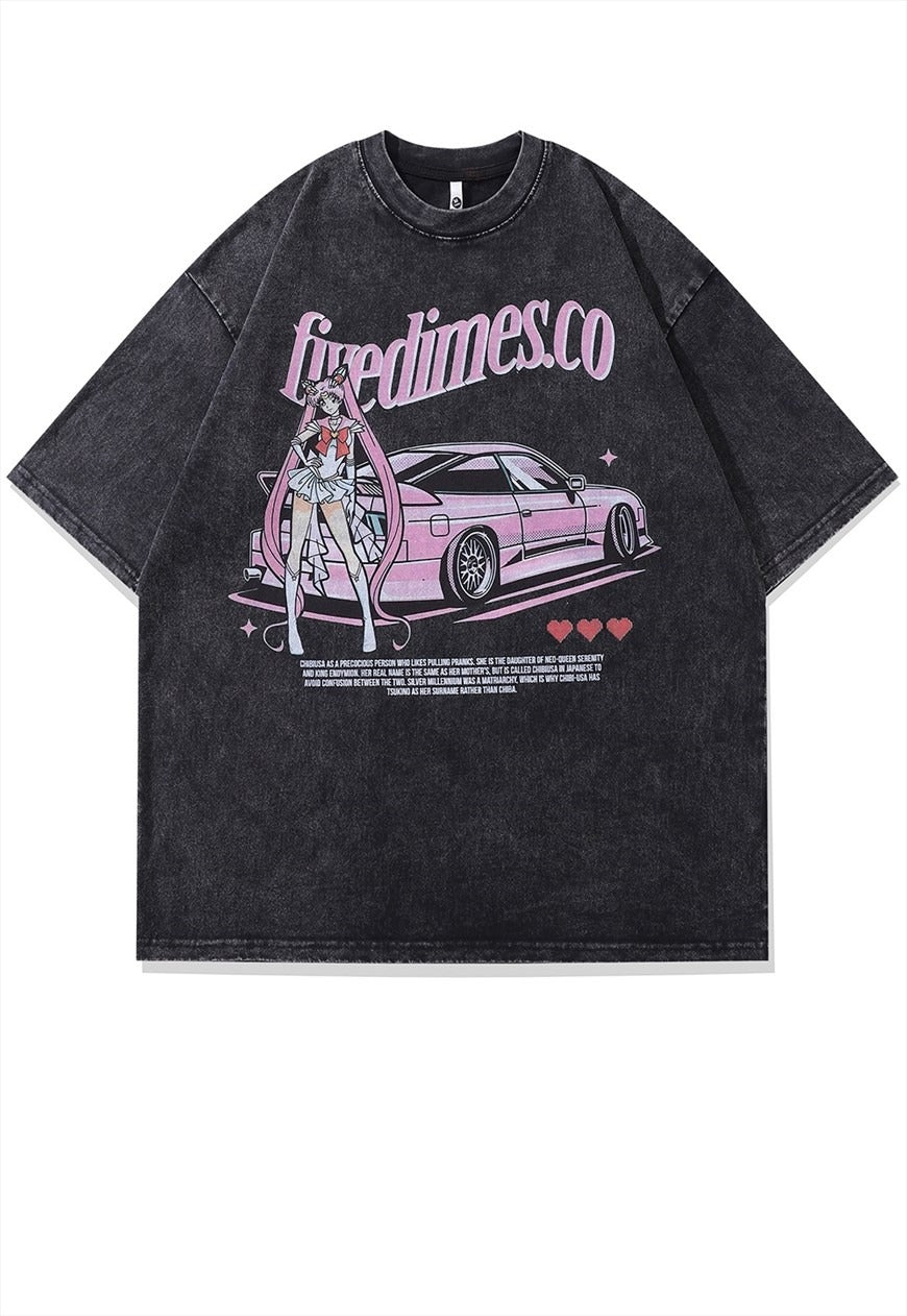 Anime t-shirt Japanese top in vintage grey