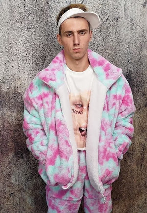 Reversible fleece bomber handmade tie-dye sports jacket pink