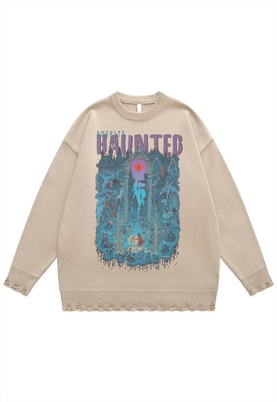 Creepy sweater haunted jumper ripped knitted top in beige