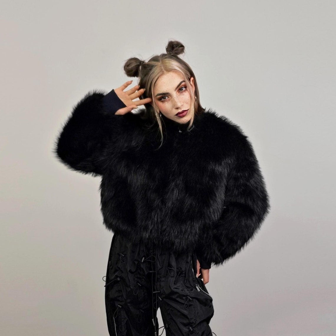 Black faux fur bomber short fluffy college bomber cropped varsity jacket gothic coat fluffy detachable sleeves festival overcoat rave fleece