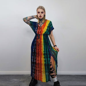 Transparent rainbow dress sleeveless Gay pride long gown side split LGBT sundress see-through tie-dye frock carnival sheath one size blouse