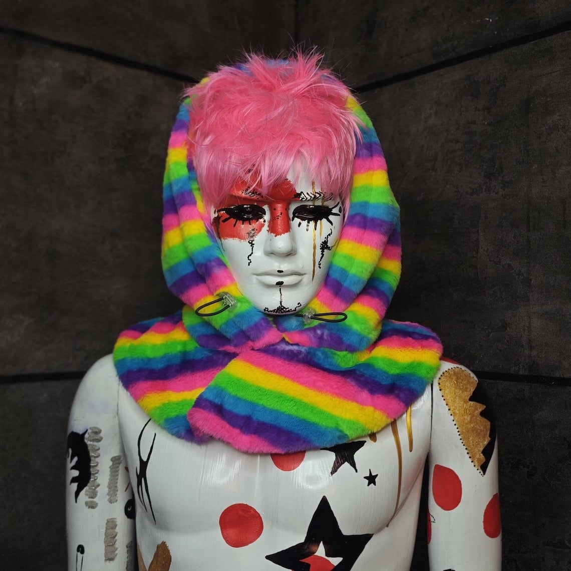 Faux fur hood rainbow snood handmade hooded hat unicorn pattern all over fluffy LGBT fleece scarf unisex bucket grunge gay print headwear