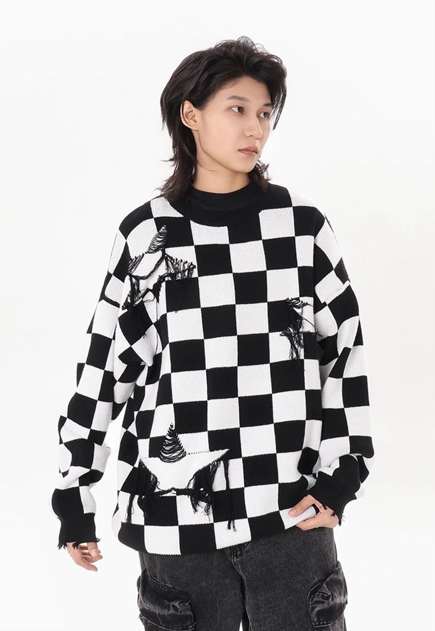 SKA check sweater plaid pattern knit top patchwork jumper