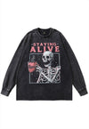 Coffee t-shirt vintage wash skeleton print long tee in grey