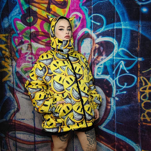 Emoji bomber handmade detachable smile print puffer reversible raver jacket grunge devil horn coat two sided jacket in yellow