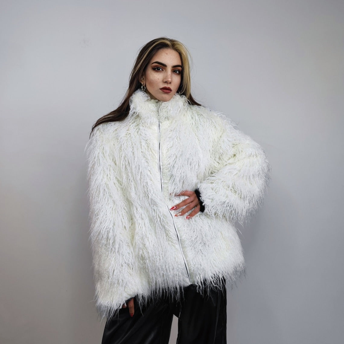 Shaggy faux fur jacket white long hair fluffy going out bomber party fleece fancy dress peacoat high fashion fuzzy Gothic coat rave puffer