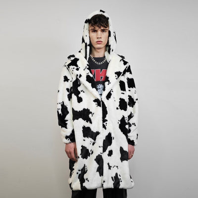 Cow print coat hooded faux fur spot pattern trench animal